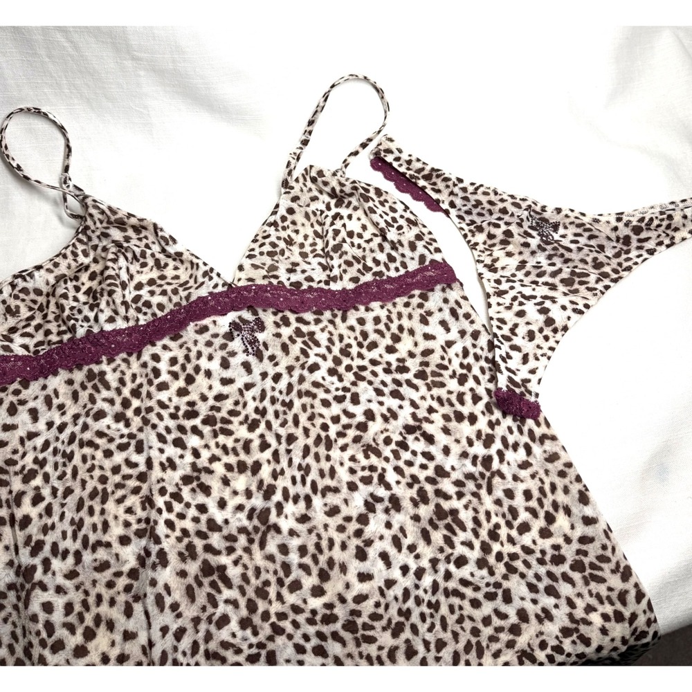 Intimissimi Leopard Print Chemise & Thong Lingerie Set L/M Plum Ivory Lace Italy - Picture 2 of 13